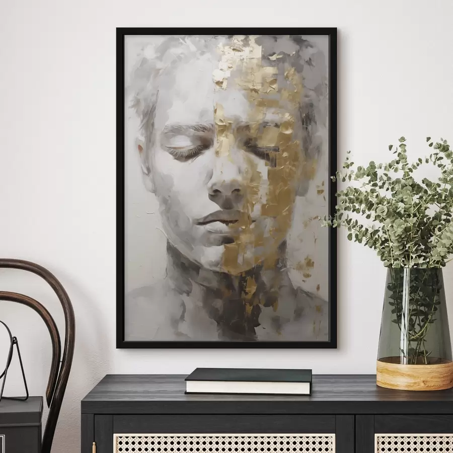 Fototapetai Abstraktus portretas užmerktomis akimis, nutapytas šviesiais tonais ir kontrastingais šiltų spalvų teptuko potėpiais, kurie sukuria gilią ir meditatyvią nuotaiką. f42624