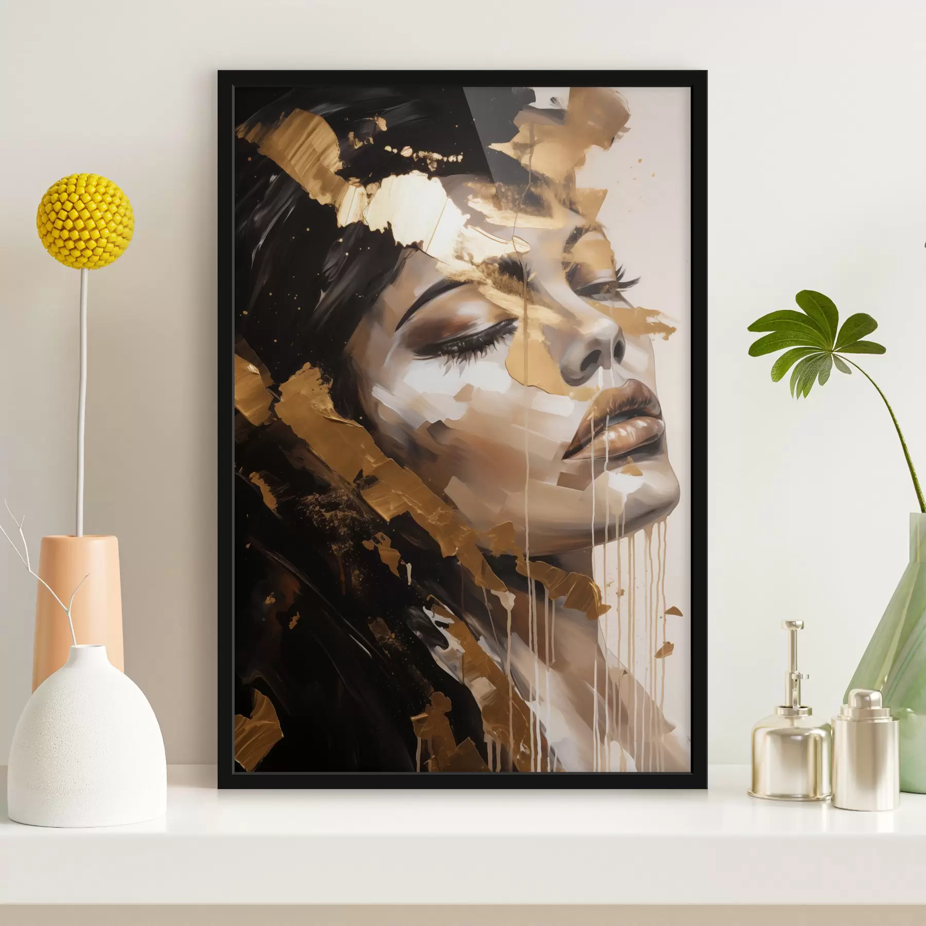 Fototapetai Abstraktus švelnios veido išraiškos moters portretas, nutapytas šiltais tonais, dinamiškais teptuko potėpiais, kurie suteikia gilumo ir emocijų f42627