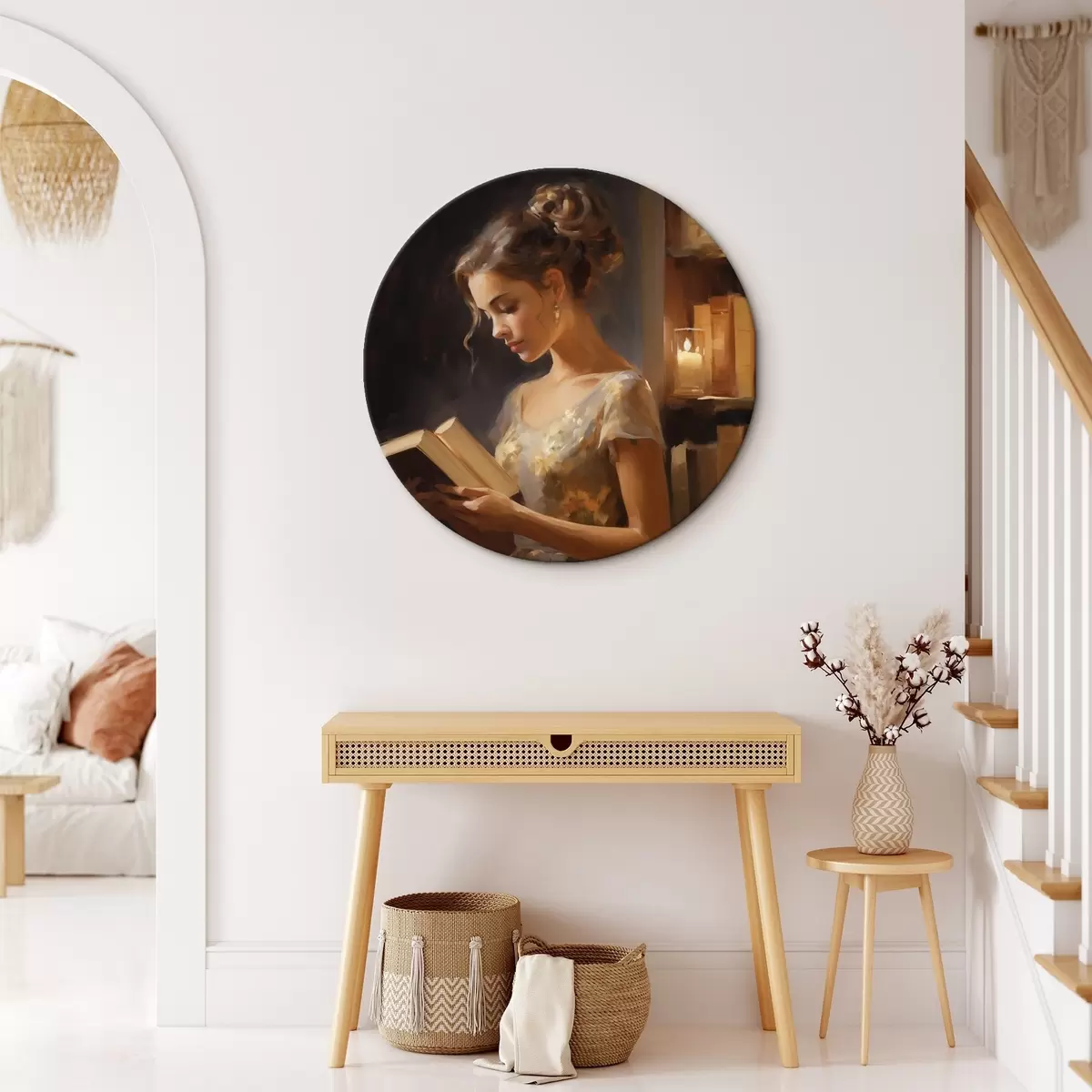 Apvalūs paveikslai Elegantiška suknele vilkinti jauna moteris skaito knygą atmosferiniame apšvietime, apsupta knygų lentynų ir švelnaus žvakių švytėjimo. r42570