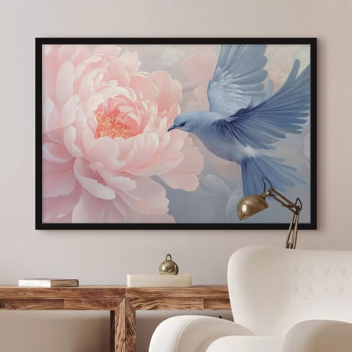 Plakatas Mėlynas kolibris ir bijūnas f42618