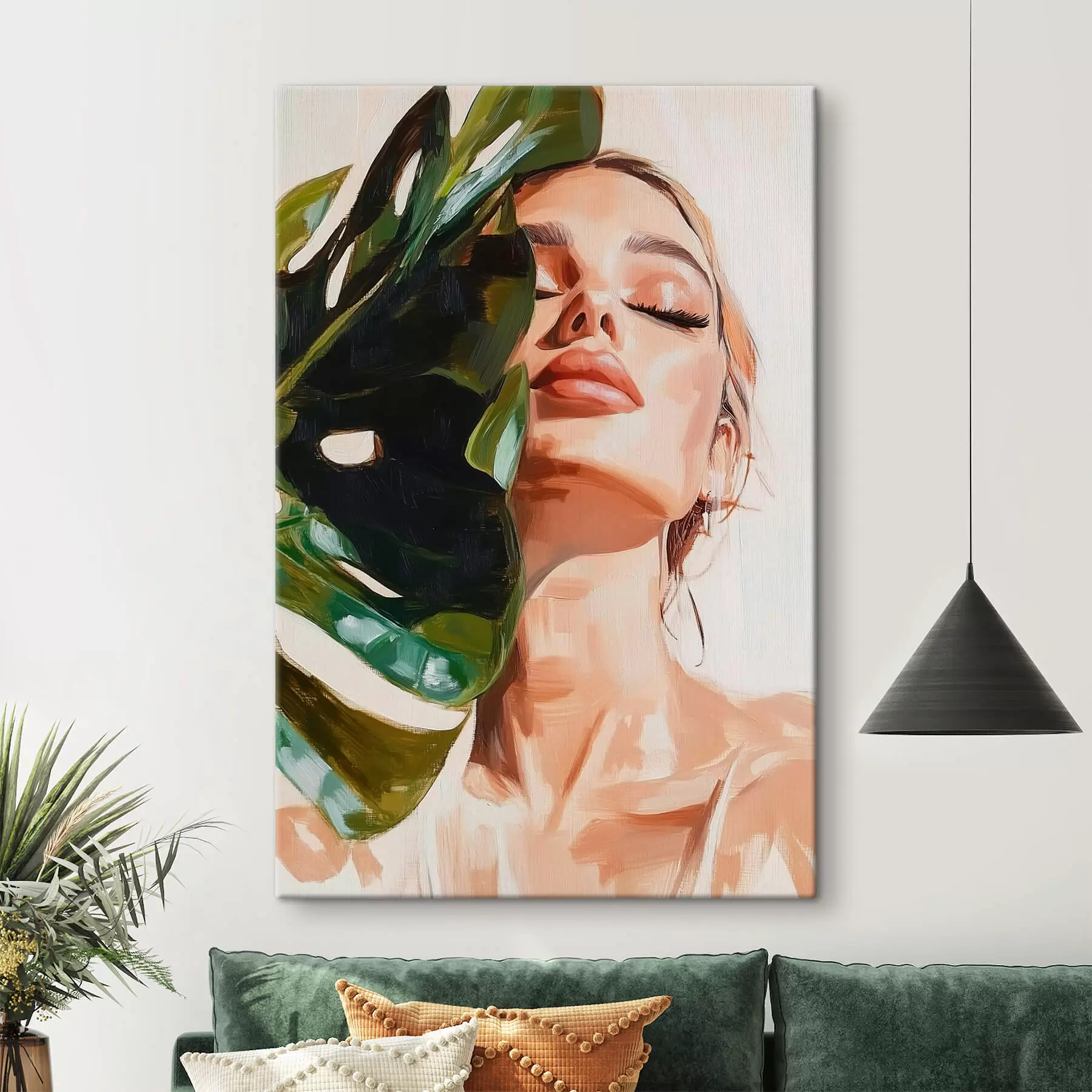 Paveikslėlis Moters su monsteros lapu portretas su teptuko potėpių imitacija s42597