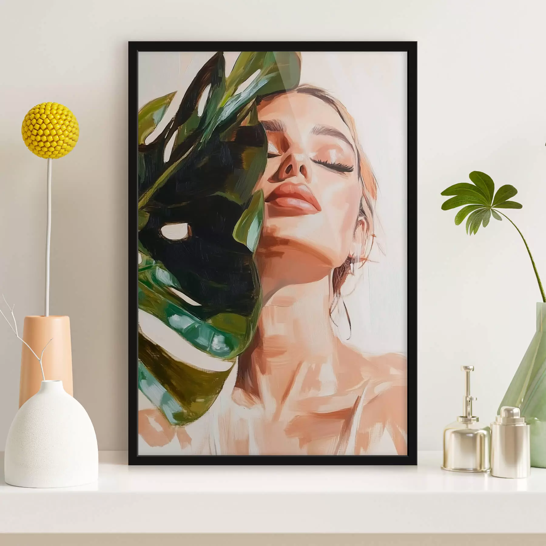 Fototapetai Moters su monsteros lapu portretas su teptuko potėpių imitacija f42597