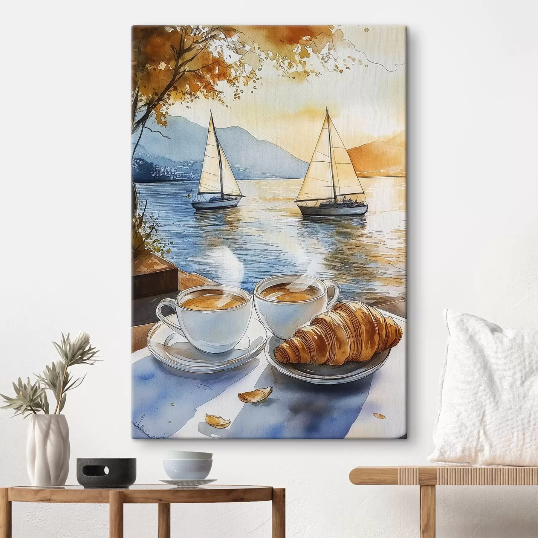Paveikslėlis Saulėlydis ežere, burlaiviai, kavos puodeliai, akvarelės stilius s42442