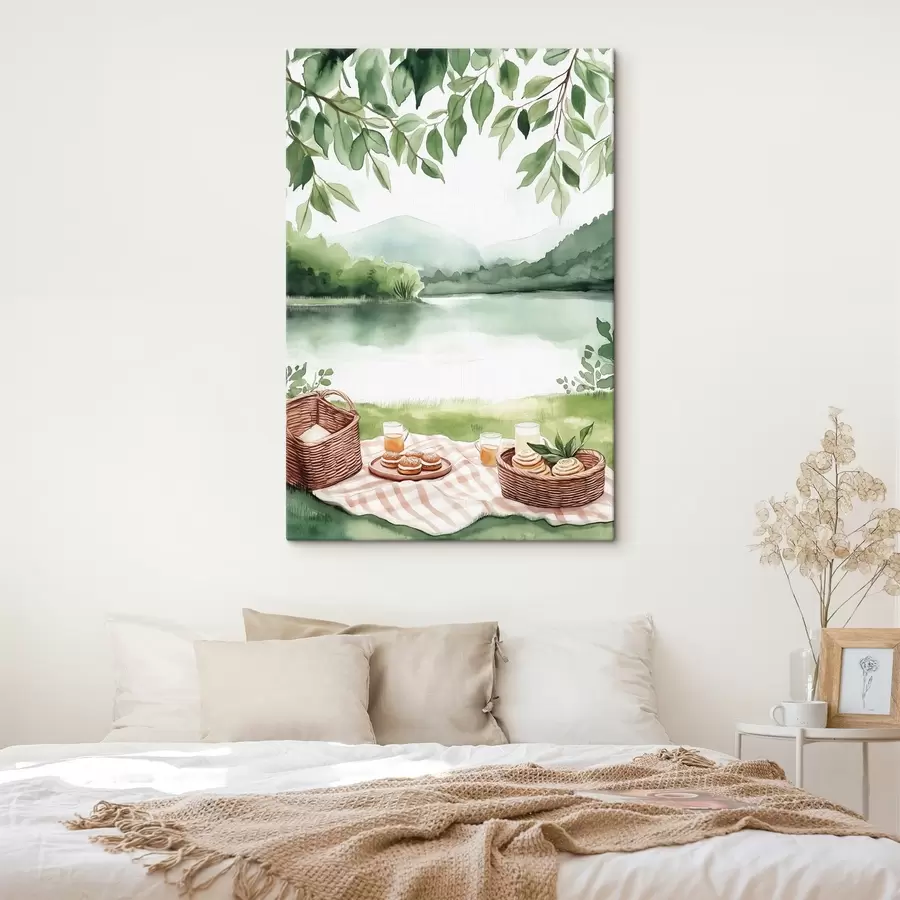 Paveikslėlis Akvarelės stiliaus vasaros piknikas, kaimiškas, ežeras, žaluma, maisto krepšeliai  s42452