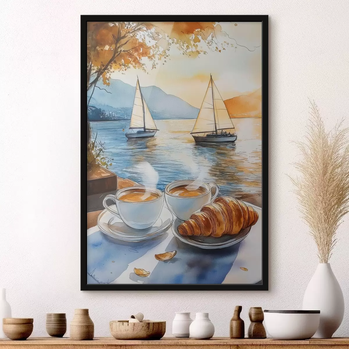 Plakatas Saulėlydis ežere, burlaiviai, kavos puodeliai, akvarelės stilius f42442