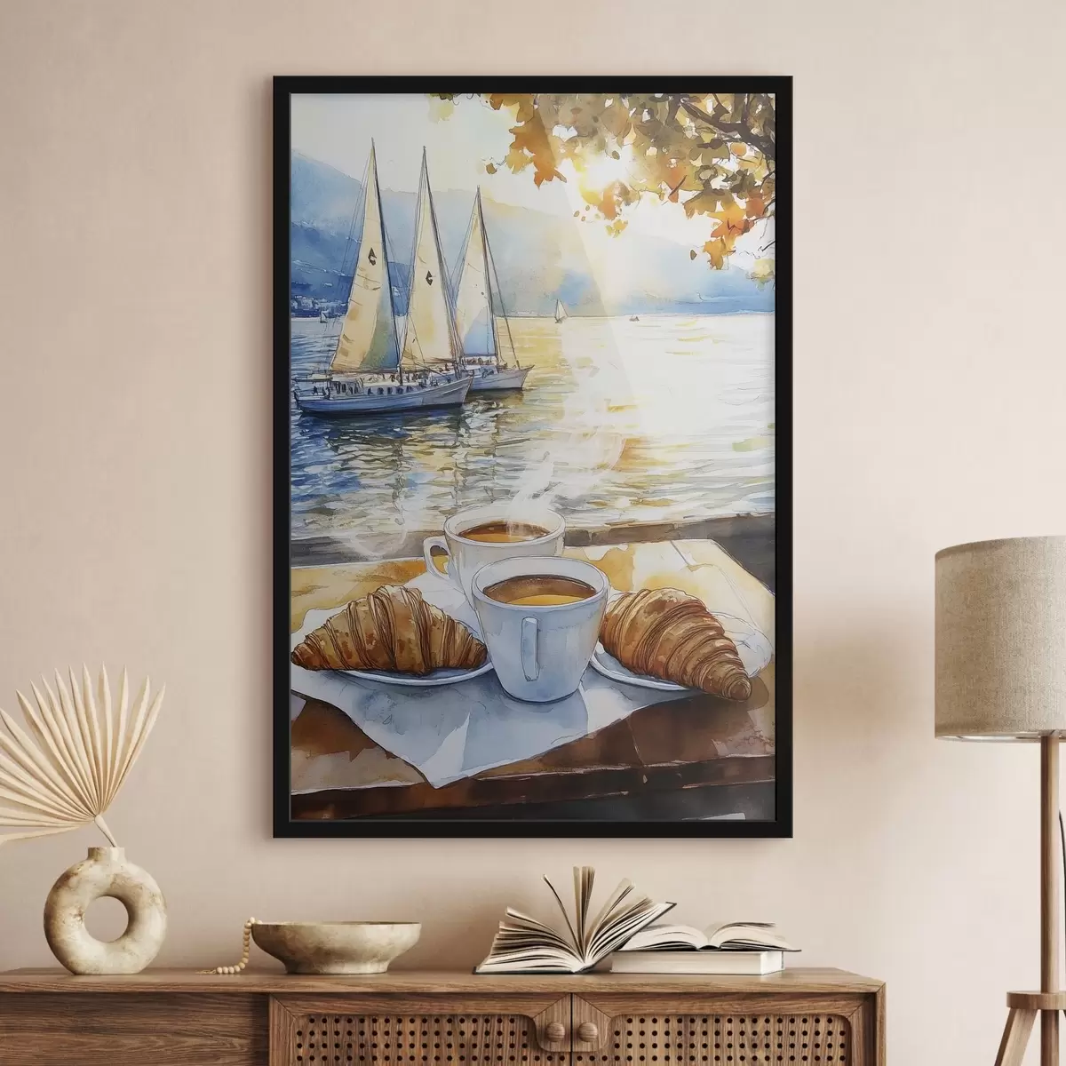 Plakatas Kavos puodeliai, saulėlydžio spalvos, ežeras, burlaiviai, gamta, kelionės f42443