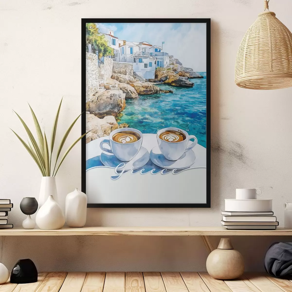 Plakatas Graikija estetika, kavos puodeliai, mėlyna jūra, senamiestis, kelionės f42447