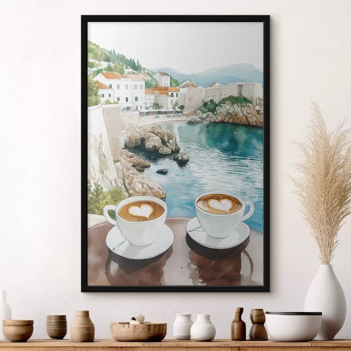 Plakatas Kavos puodeliai prie jūros, akvarelės stilius, Kroatija f42448