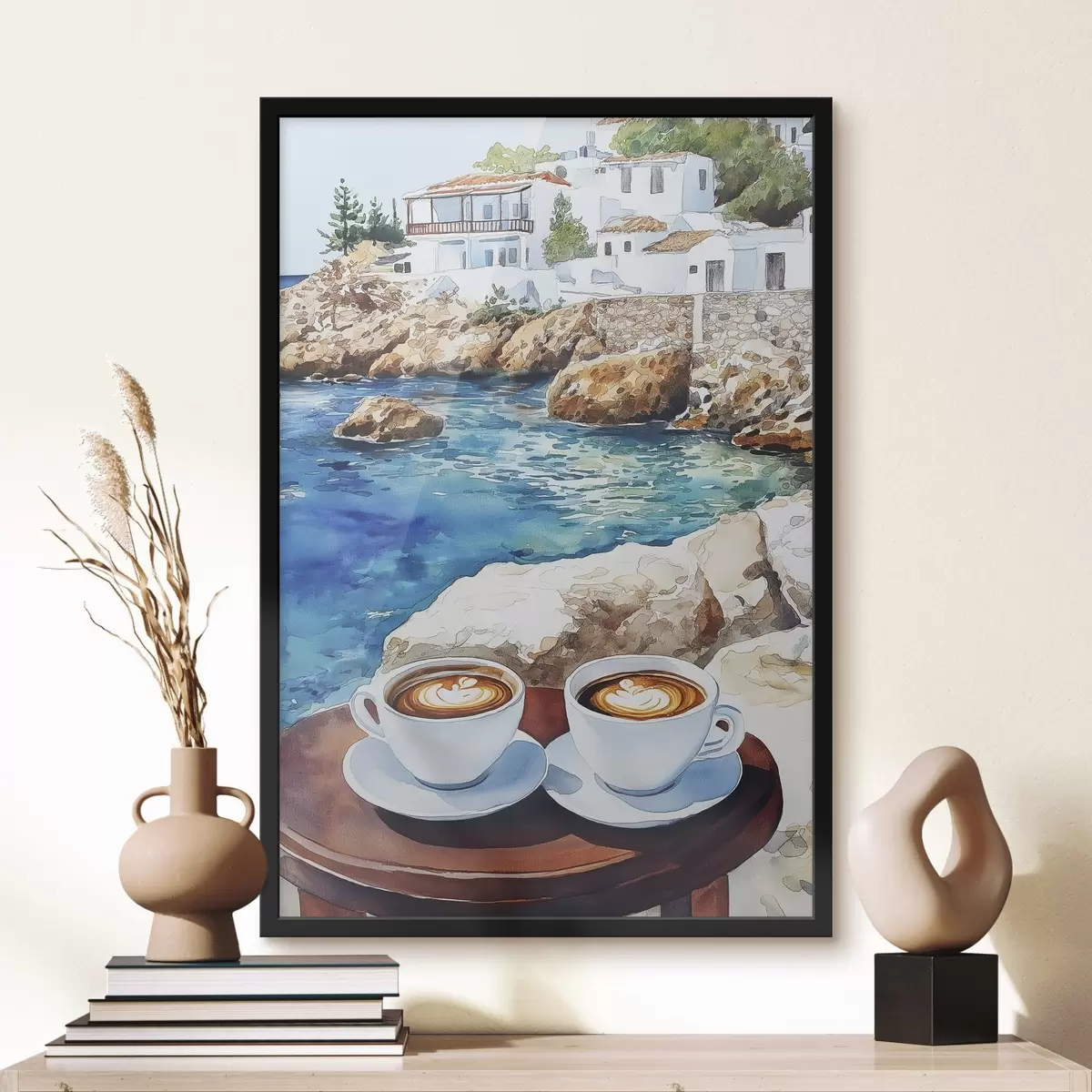 Plakatas Akvarelė prie jūros su kavos puodeliais, vasara f42449