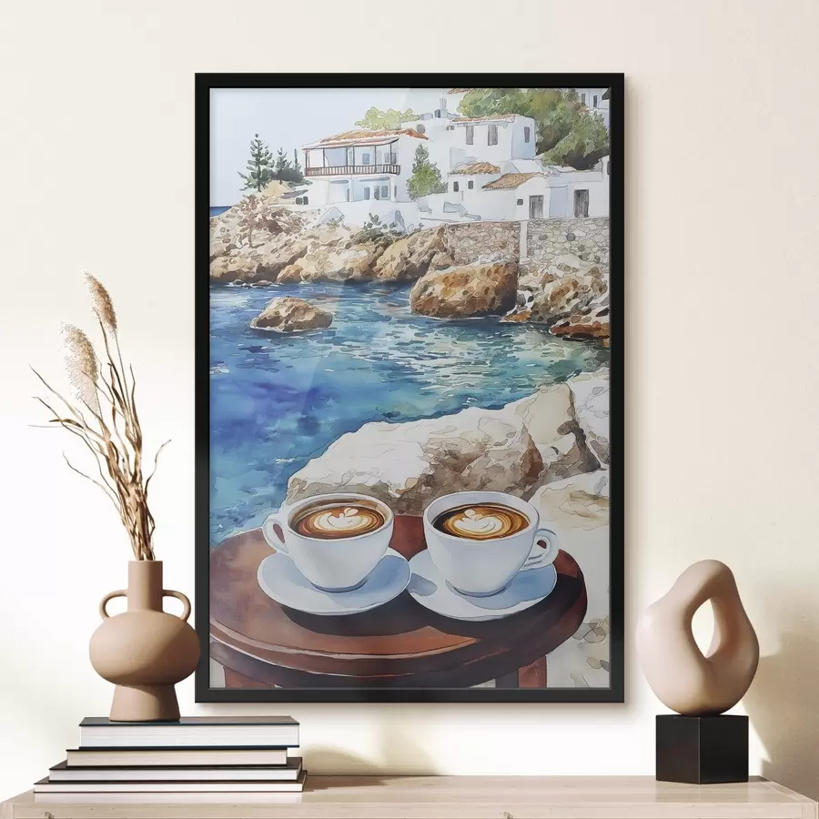 Fototapetai Akvarelė prie jūros su kavos puodeliais, vasara f42449