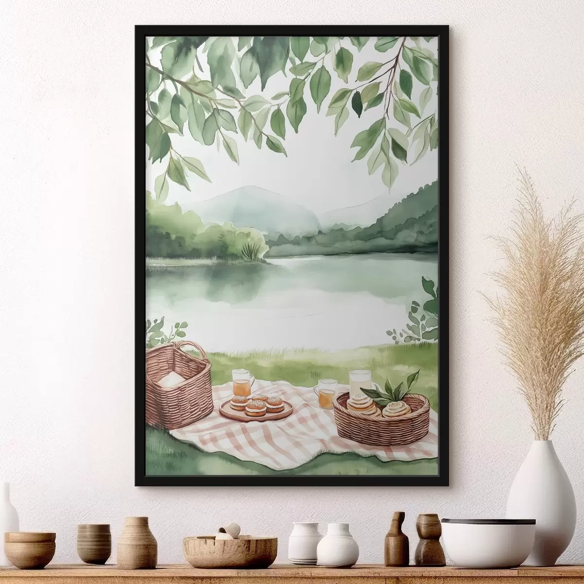 Plakatas Akvarelės stiliaus vasaros piknikas, kaimiškas, ežeras, žaluma, maisto krepšeliai f42452