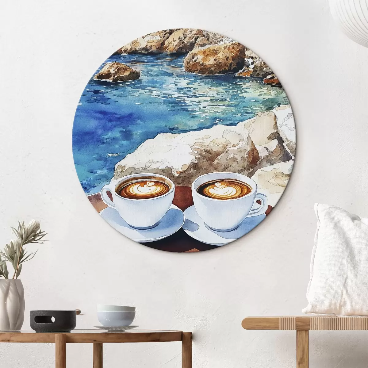 Apvalūs paveikslai Akvarelė prie jūros su kavos puodeliais, vasara r42449
