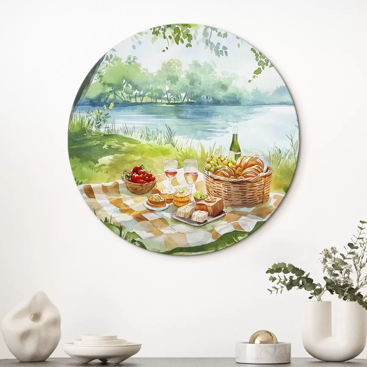 Apvalūs paveikslai Pikniko estetika, vasaros gamta, ežeras, romantiškas, akvarelės stilius r42450