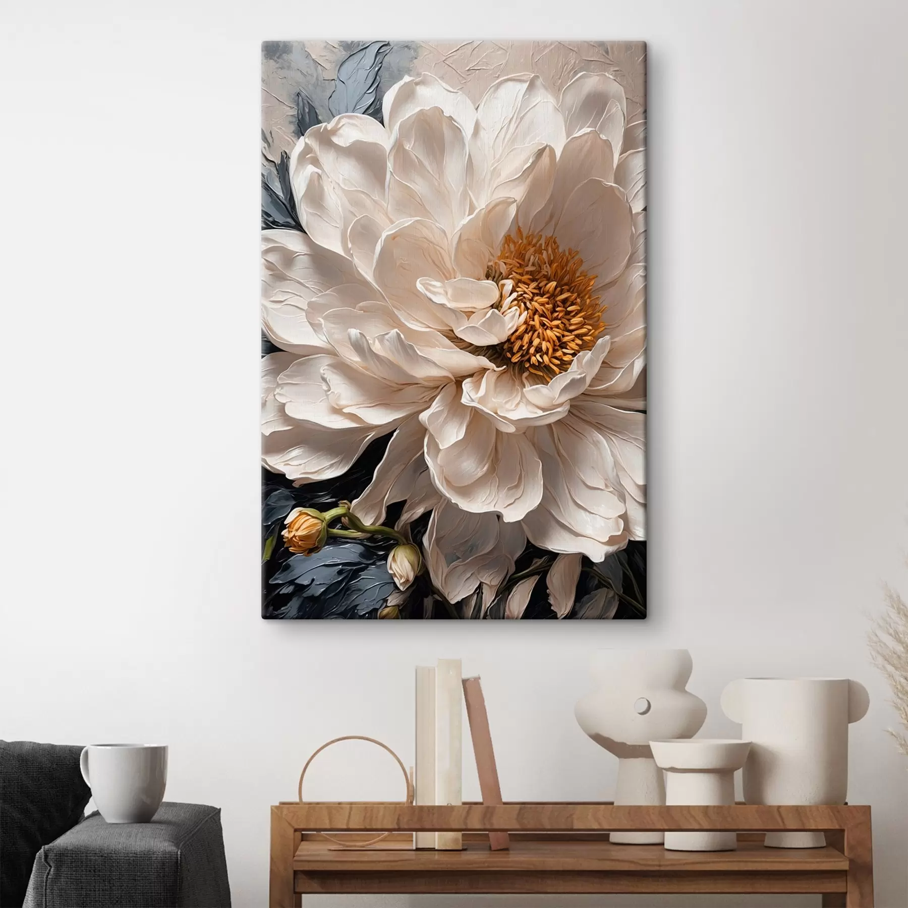 Paveikslėlis Balta gėlė mėlyname smėlio spalvos fone s42523