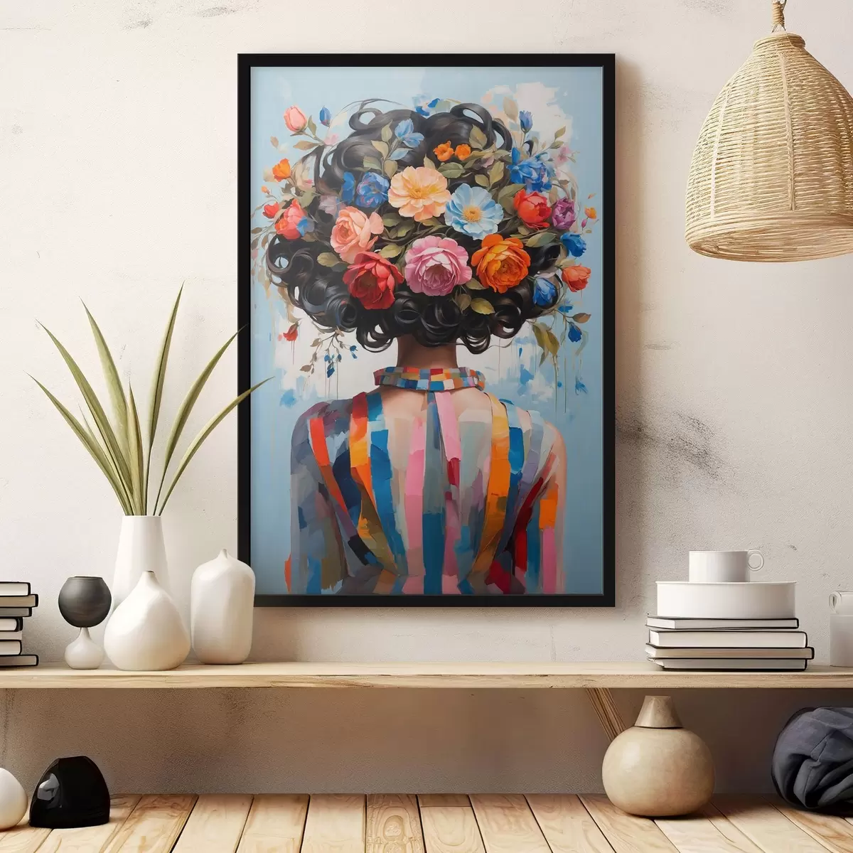 Plakatas Mergaitė su spalvinga suknele ir gėlėmis f42524