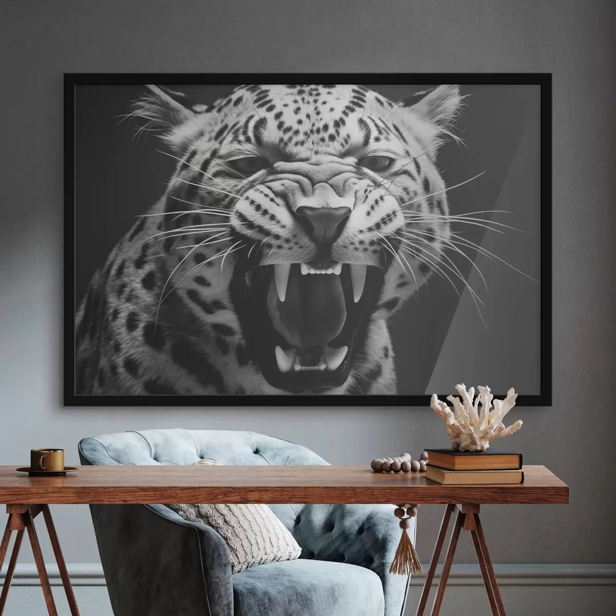 Plakatas Leopardas juodai baltu stiliumi f42646