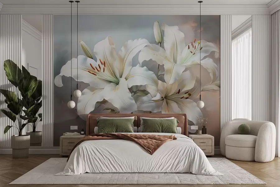Fototapetai Elegantiškos pastelinių atspalvių baltos lelijos su teptuko potėpius imituojančia tekstūra w08678
