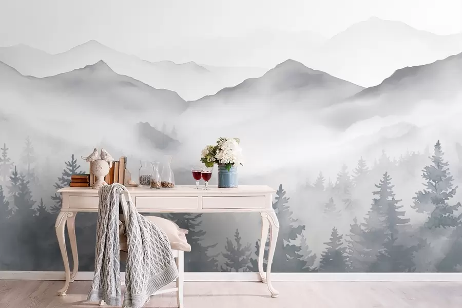 Fototapetai Ramus kalnų kraštovaizdis su švelnių pilkų ir mėlynų atspalvių miglotais miškais w08680