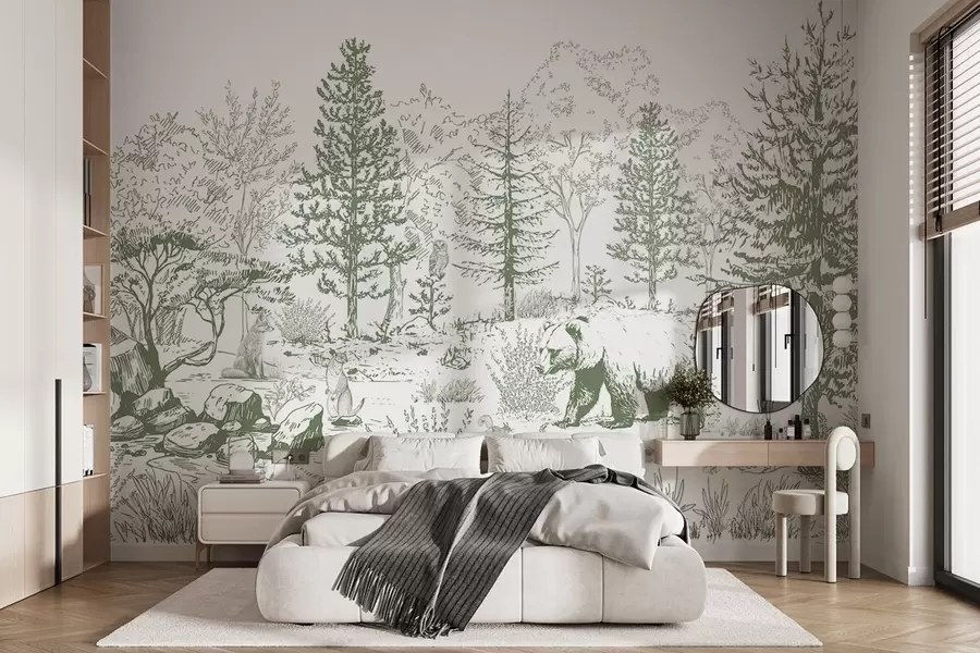 Fototapetai Miško gyvenimas, medžiai, laukiniai gyvūnai, meška, lapė, pelėda, krūmai, pieštuko stiliaus piešinys, žalios spalvos w02929v2