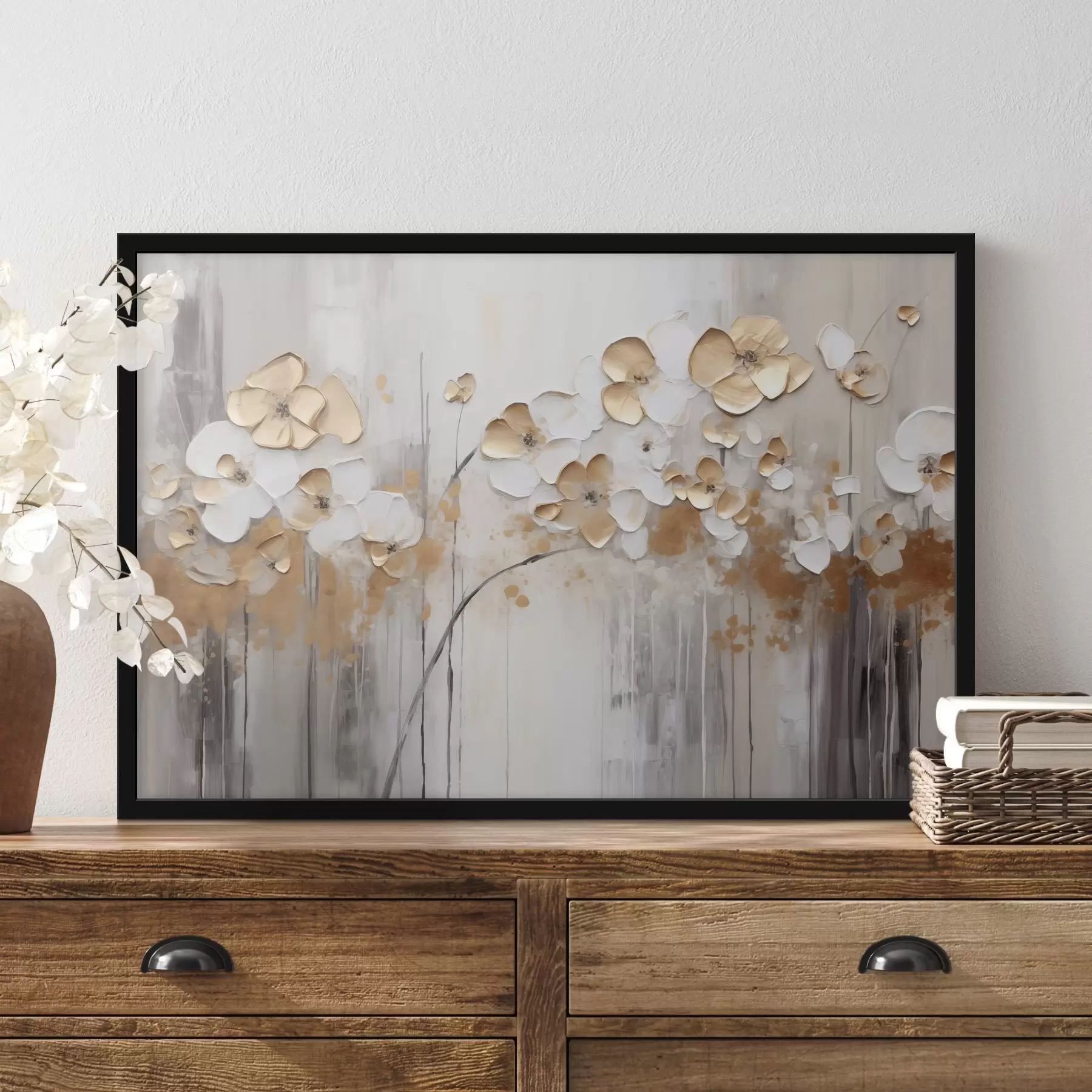 Fototapetai Gėlės su tekstūriniais žiedlapiais minkštame, prislopintame fone su abstrakčiomis spalvomis ir vertikaliomis linijomis f42713