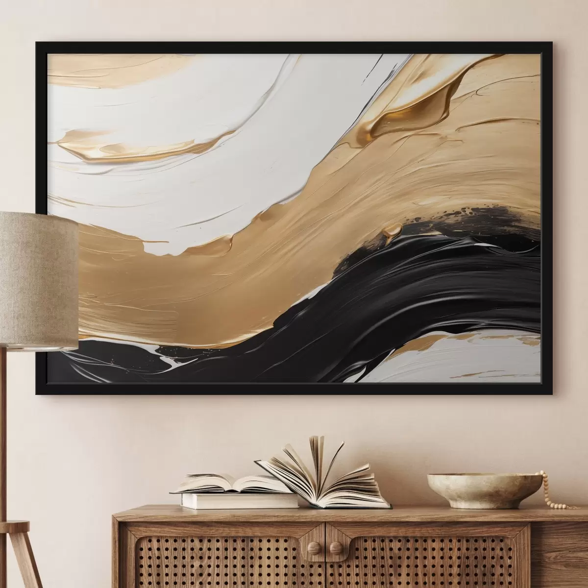 Plakatas Abstrakti kompozicija su drąsiais baltų, geltonų ir juodų dažų potėpiais f42717