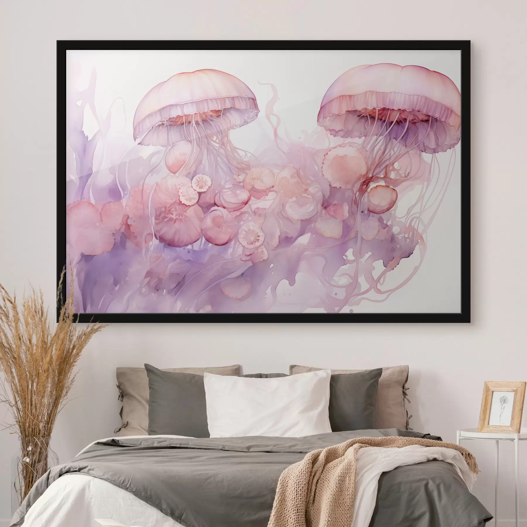 Paveikslėlis Rausvos medūzos, plaukiojančios švelnių rausvų ir violetinių atspalvių sūkuryje, apsuptos abstrakčių formų f42730