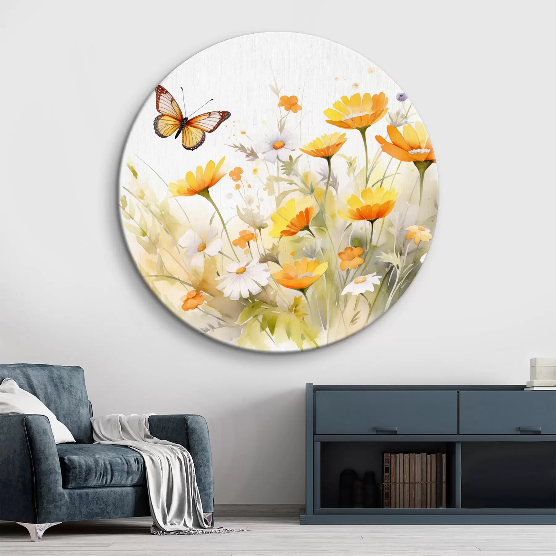 Paveikslėlis Ryškus akvarelinis gėlių laukas su oranžinės ir baltos spalvos margučiais, šalia kurių skraido drugelis r42714