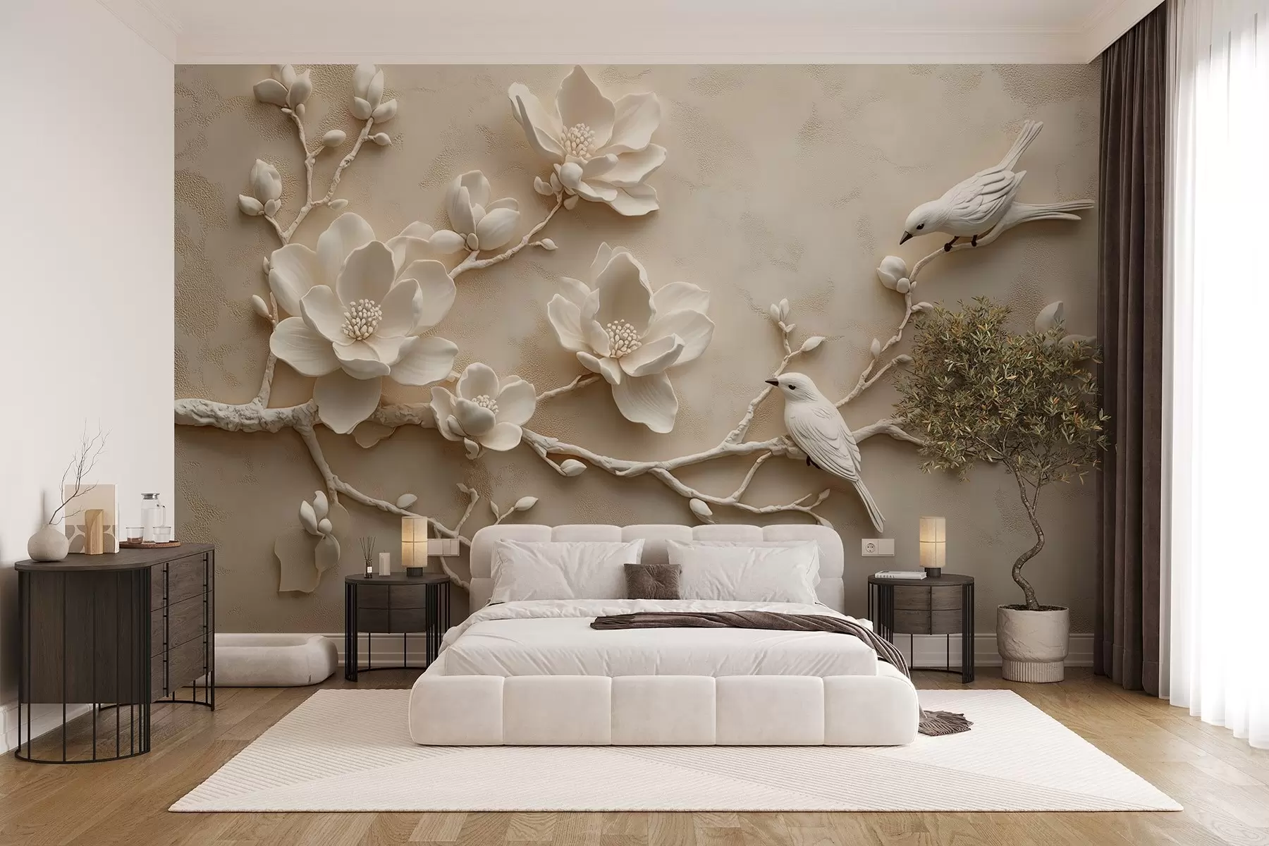 Fototapetai 3D magnolijos šakos su paukščiais w08690
