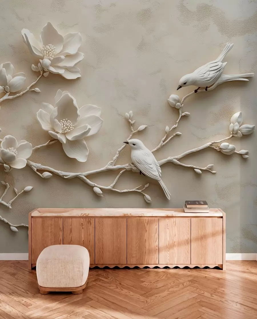 Fototapetai 3D magnolijos šakos su paukščiais w08690