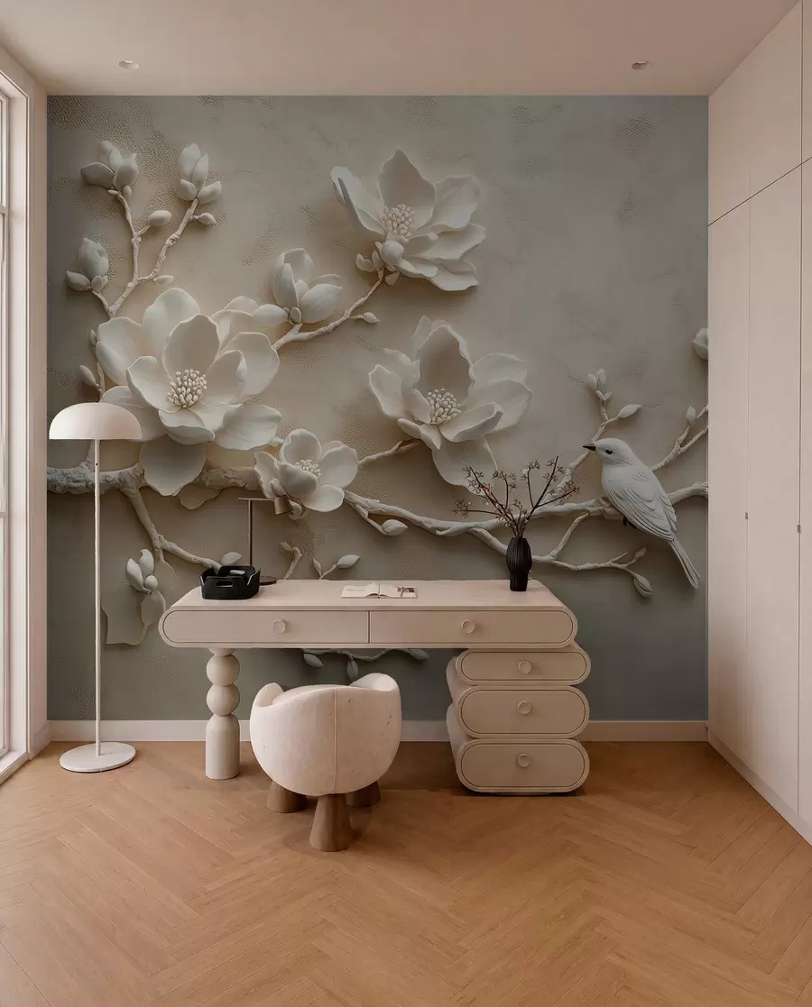 Fototapetai 3D magnolijos šakos su paukščiais w08690