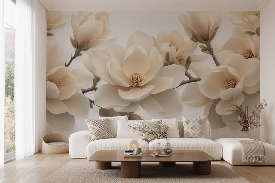 Fototapetai Smėlio spalvos žydinčios magnolijos gėlės kreminiame atspalvyje baltame fone w08692