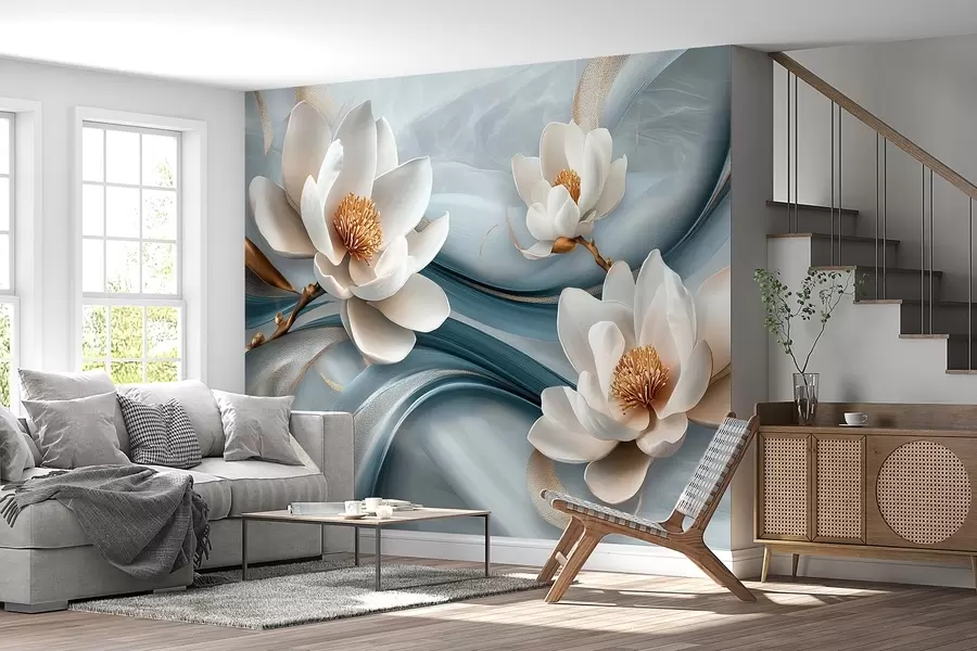 Fototapetai Magnolijos gėlės, derinamos su mėlynais, baltais ir geltonais atspalviais su abstrakčiomis bangomis w08695