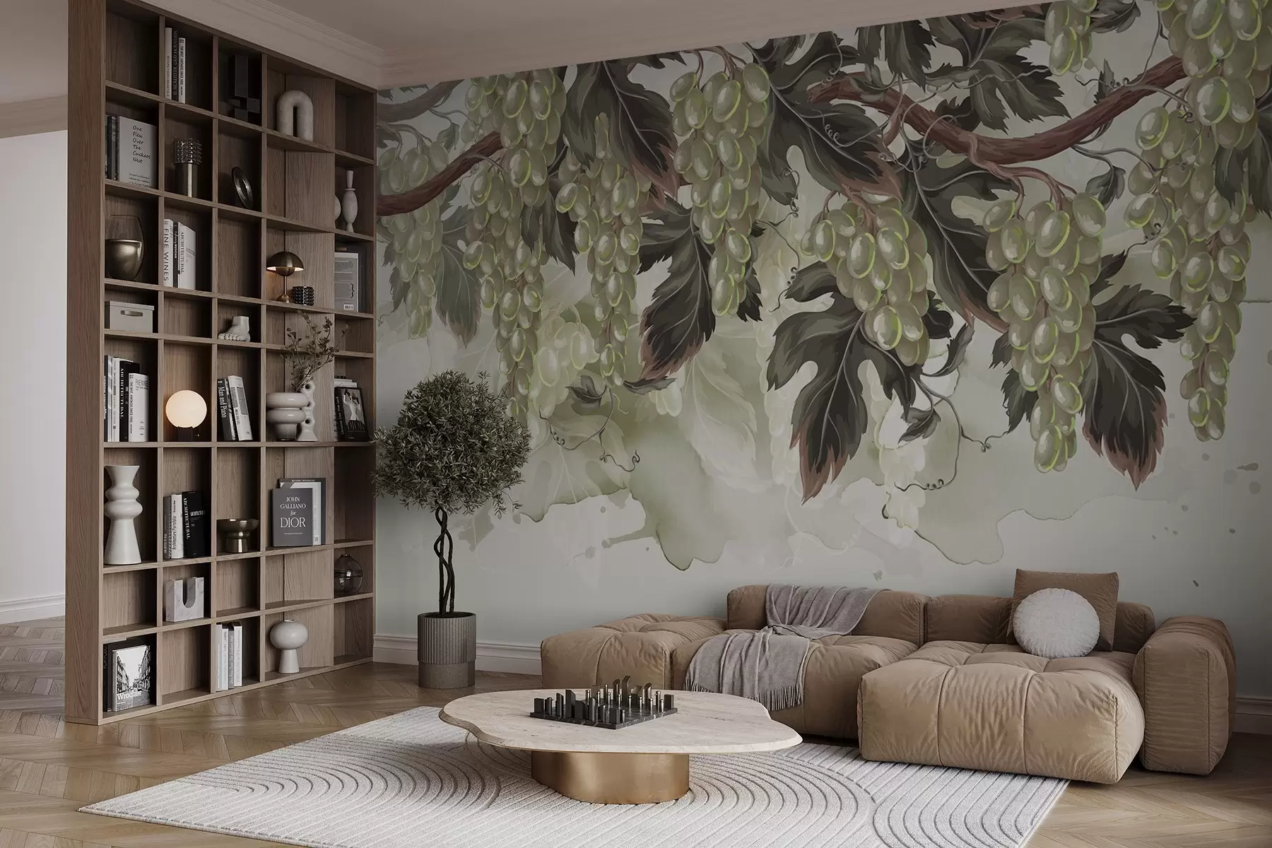 Fototapetai Vynuogės, kabančios ant vynmedžio su žaliais lapais, šviesiame fone su akvarelės tekstūra w08696