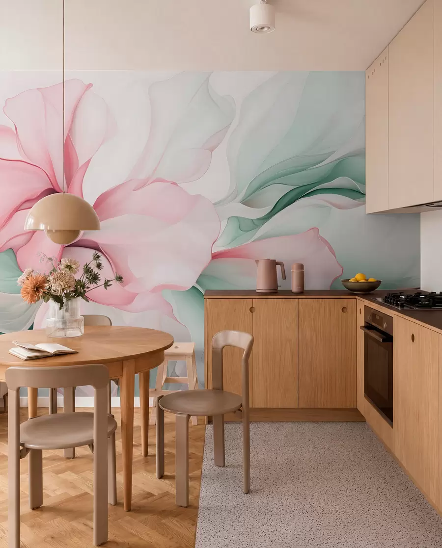 Fototapetai Tekantys abstraktūs gėlių žiedlapiai permatomi ir sluoksniuotos formos pastelinių spalvų, rožinių ir žalių atspalvių w08701v1