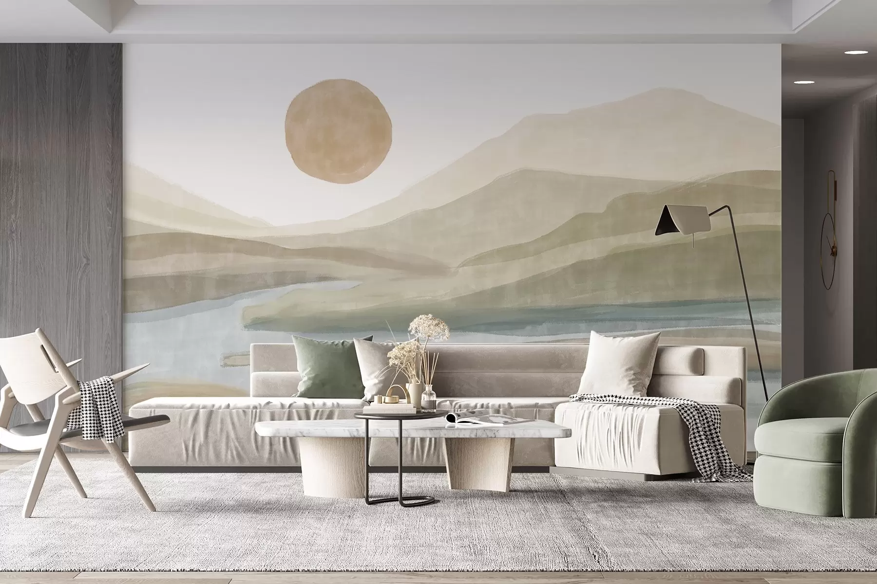 Fototapetai Sluoksniuotų kalnų kraštovaizdis su švelniu nuolydžiu, vingiuojanti upė, prislopinta oranžinė saulė danguje w08702