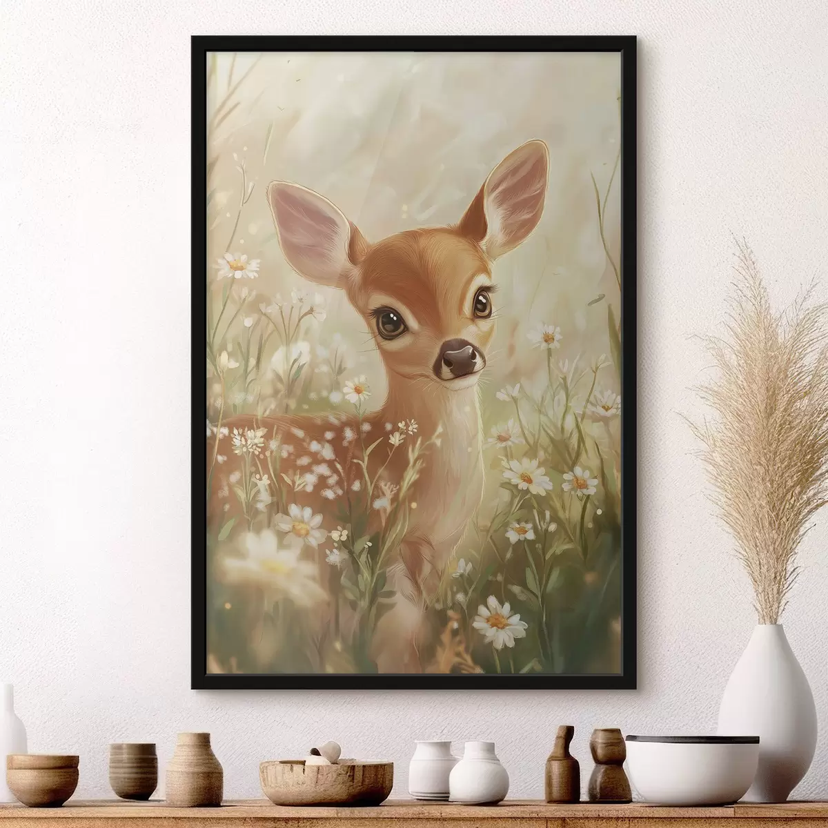 Plakatas Mielas elnias pievoje su margais žiedais, piešinys aliejiniais dažais f42780