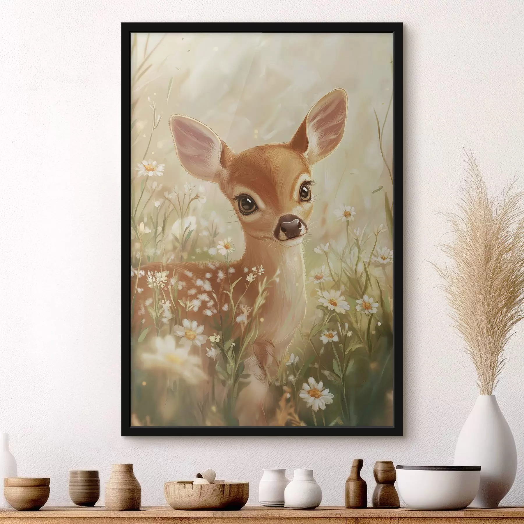 Fototapetai Mielas elnias pievoje su margais žiedais, piešinys aliejiniais dažais f42780