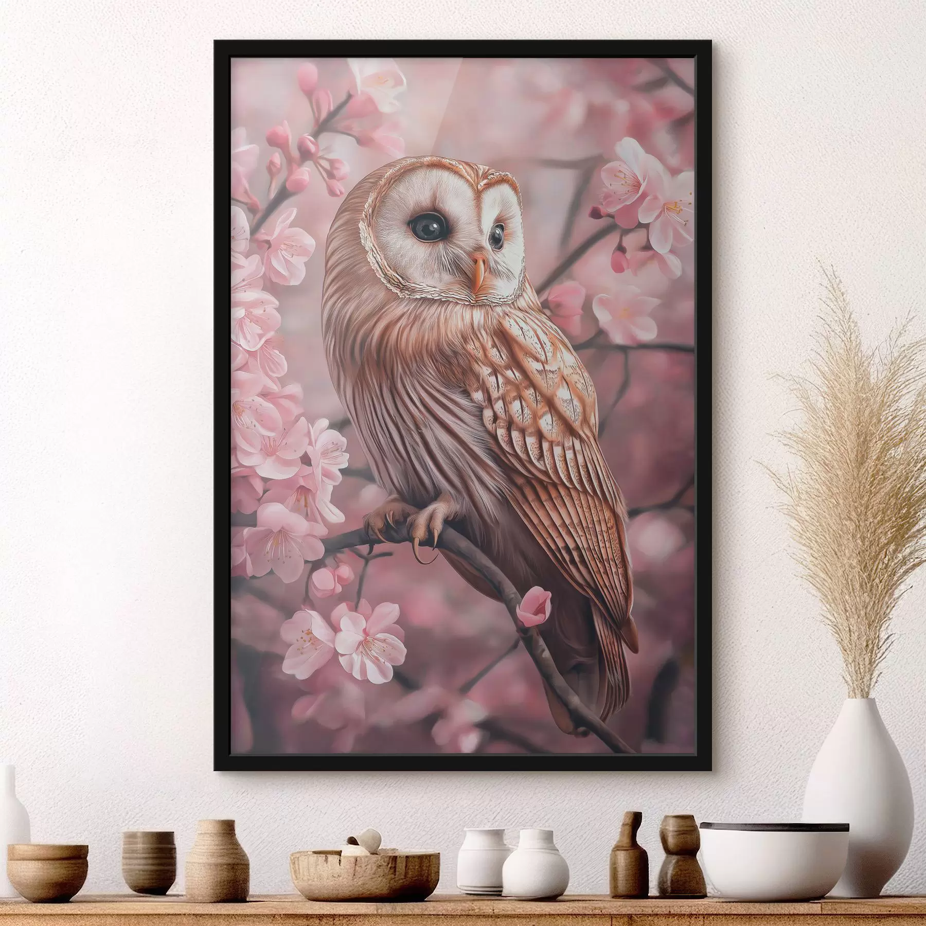 Fototapetai Pelėda ant vyšnios, rožinės gėlės, realizmas, gamta f42785