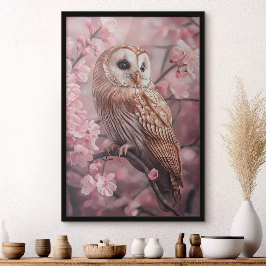 Fototapetai Pelėda ant vyšnios, rožinės gėlės, realizmas, gamta f42785