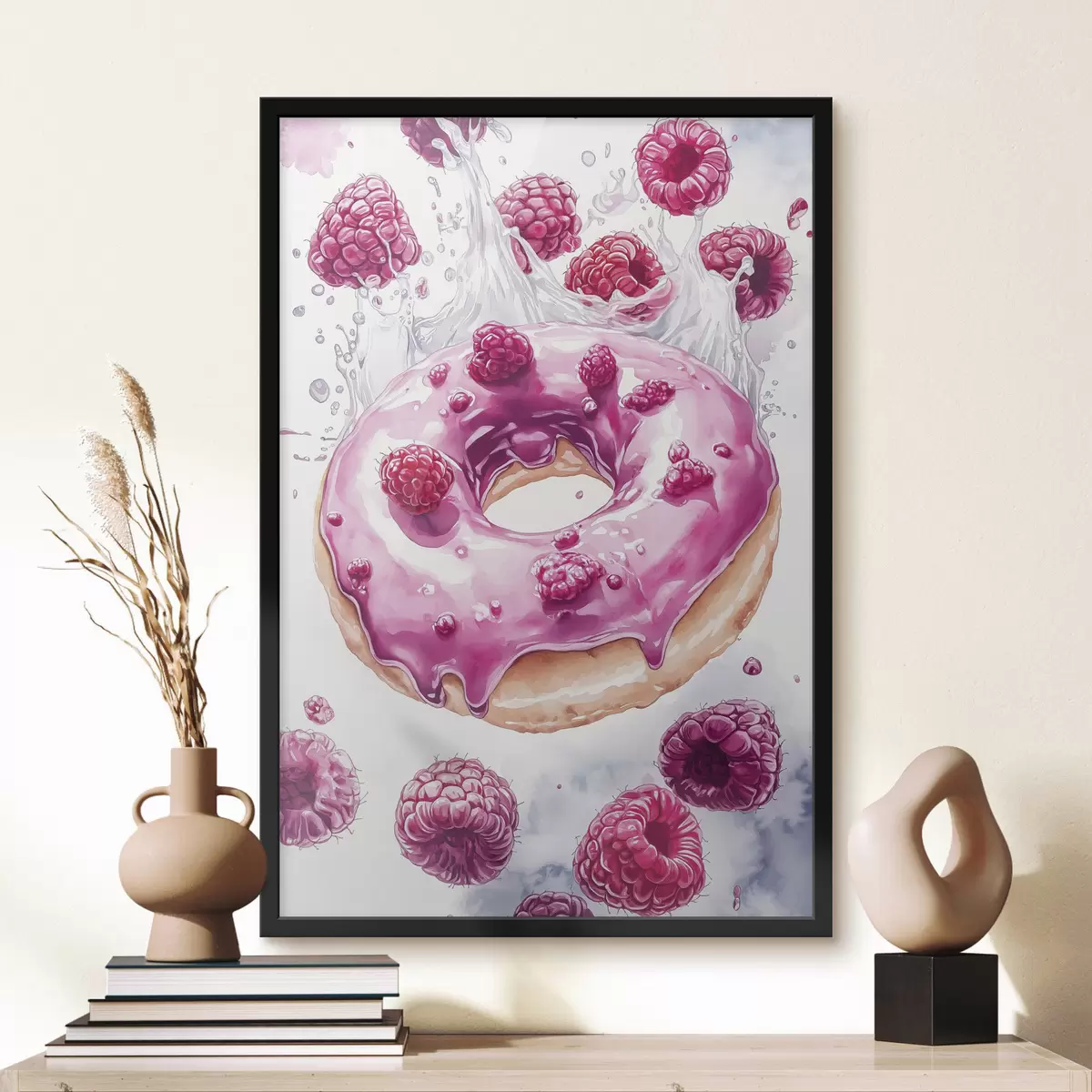 Plakatas Donutas su avietėmis su rausvu glazūra, skanus desertas, akvarelės stilius f42789