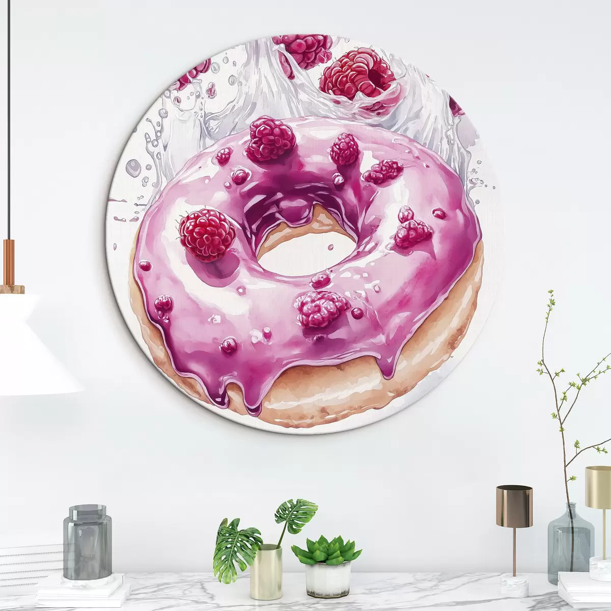 Apvalūs paveikslai Donutas su avietėmis su rausvu glazūra, skanus desertas, akvarelės stilius r42789