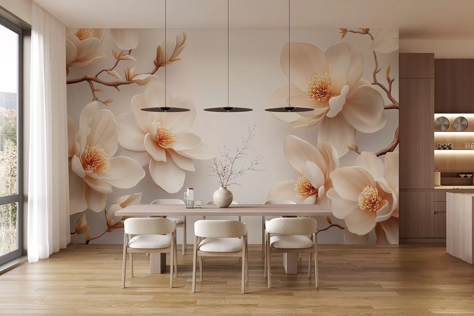 Fototapetai Gražios žydinčios kreminės spalvos magnolijos gėlės baltame fone w08704