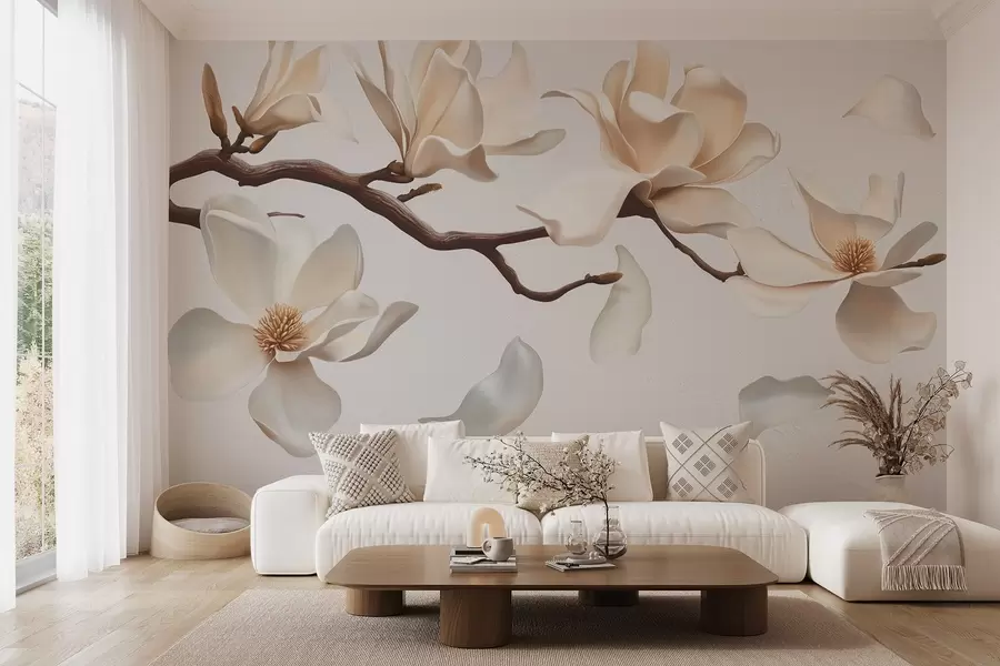 Fototapetai Medžio šaka su subtiliais magnolijos žiedais ir krintančiais žiedlapiais w08706