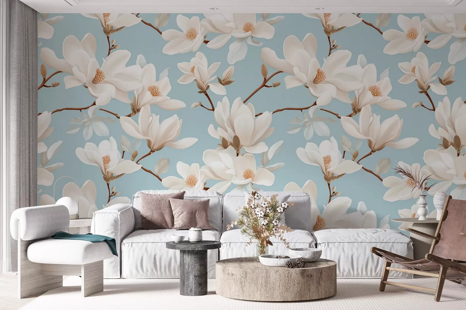 Fototapetai Baltų magnolijų žiedų, pastelinės mėlynos spalvos fono, baltų lapų ir šakų raštas w08726