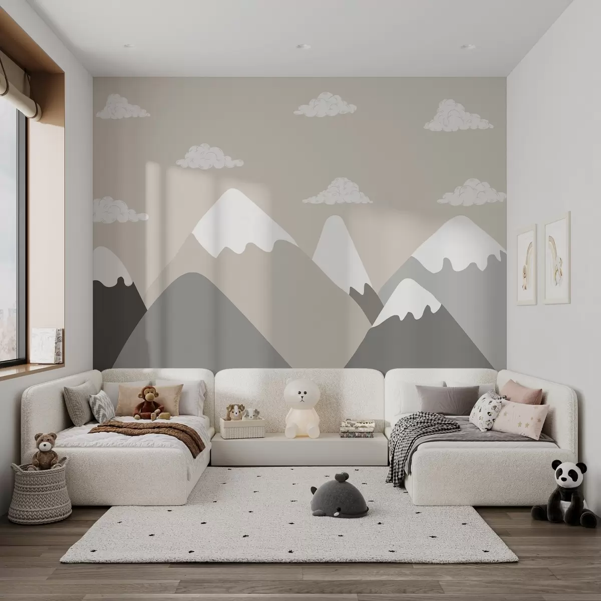 Fototapetai Minimalistinis kalnų kraštovaizdis su snieguotomis viršūnėmis, ramių pilkų ir smėlio atspalvių, kurias papildo švelnūs balti debesys w03040v1
