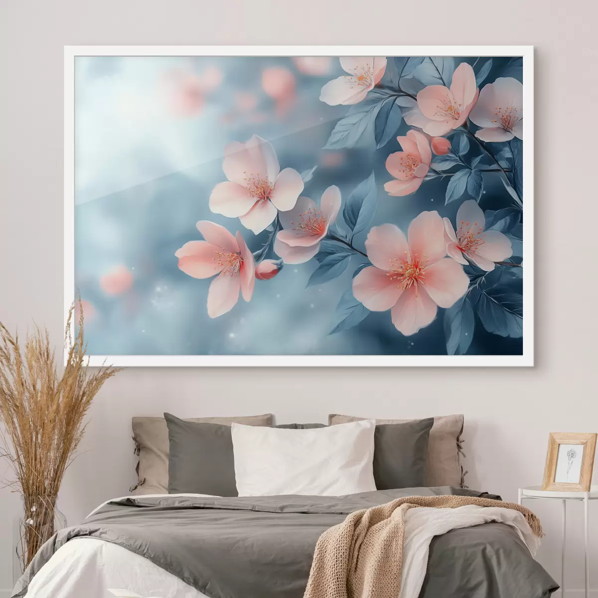 Plakatas Rožinės gėlės mėlyname fone f42846