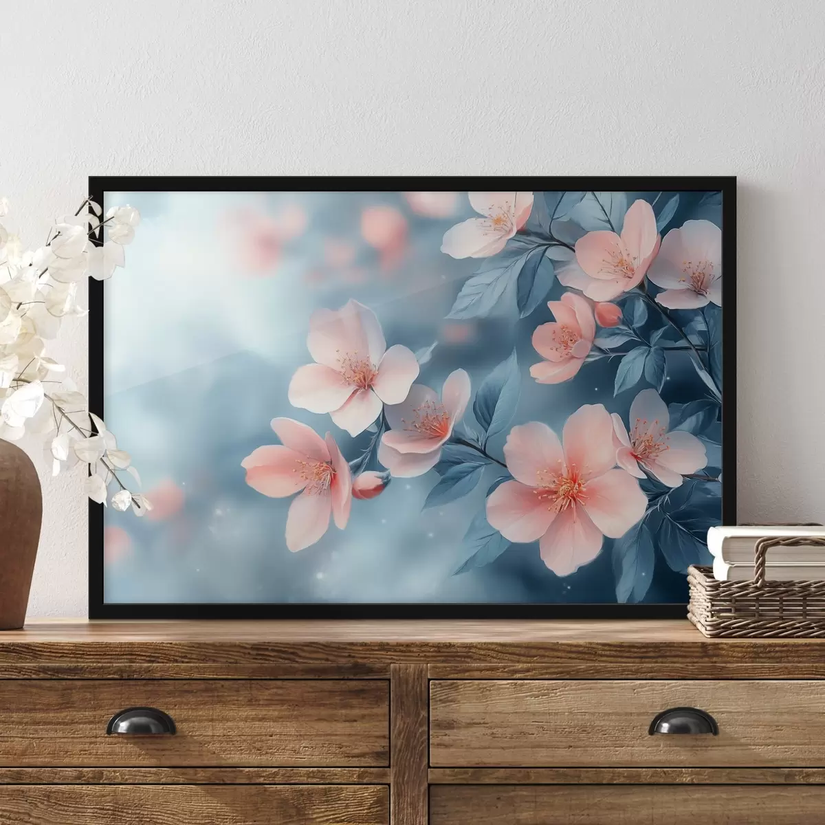 Plakatas Rožinės gėlės mėlyname fone f42846