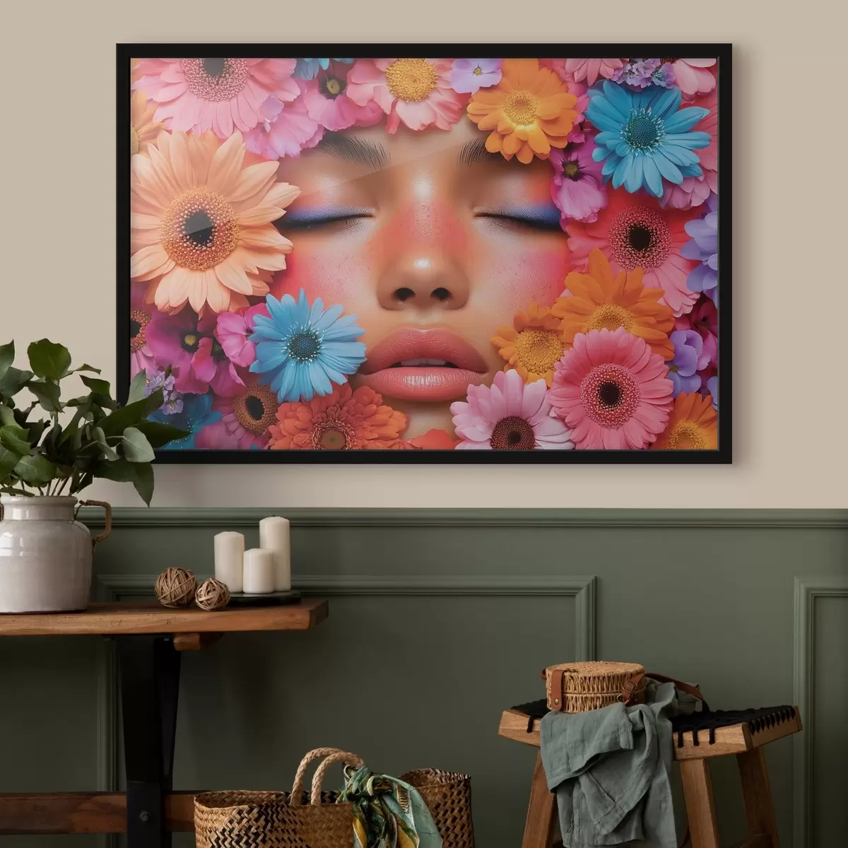 Plakatas Mergaitės veidas gėlėse f42856