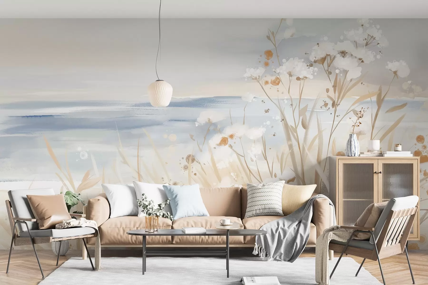 Fototapetai Baltos abstrakčios gėlės su švelniais stiebais žolėje, švelniame, prislopintame ramios jūros ir dangaus fone  w08740