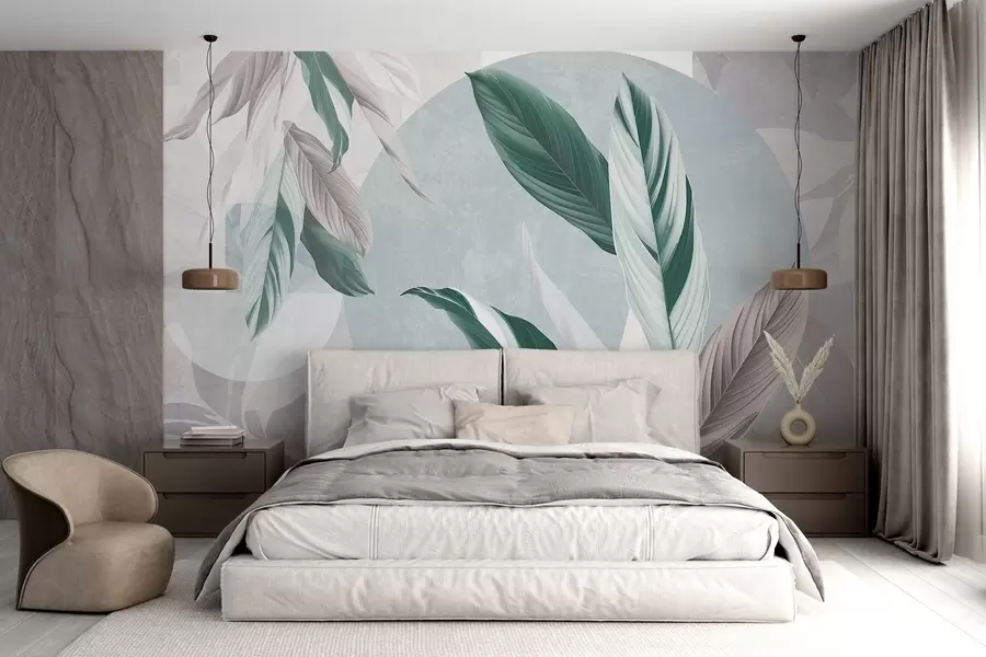 Fototapetai Moderni ir abstrakti geometrinė tekstūrinė kompozicija su detaliais žalios, šviesiai violetinės ir baltos spalvų lapais w08741v1